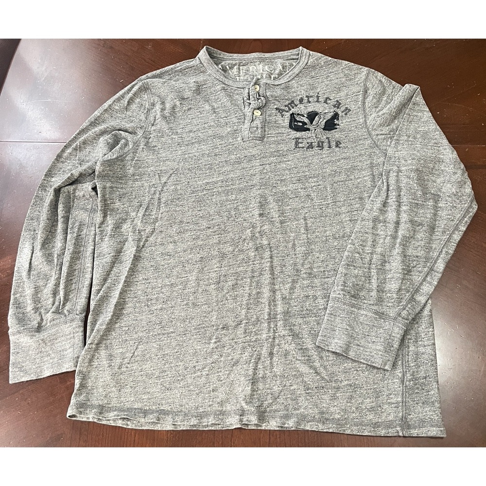 American Eagle Shirt Men's XL Gray Henley Long Sleeve Athletic Fit Graphic Slub